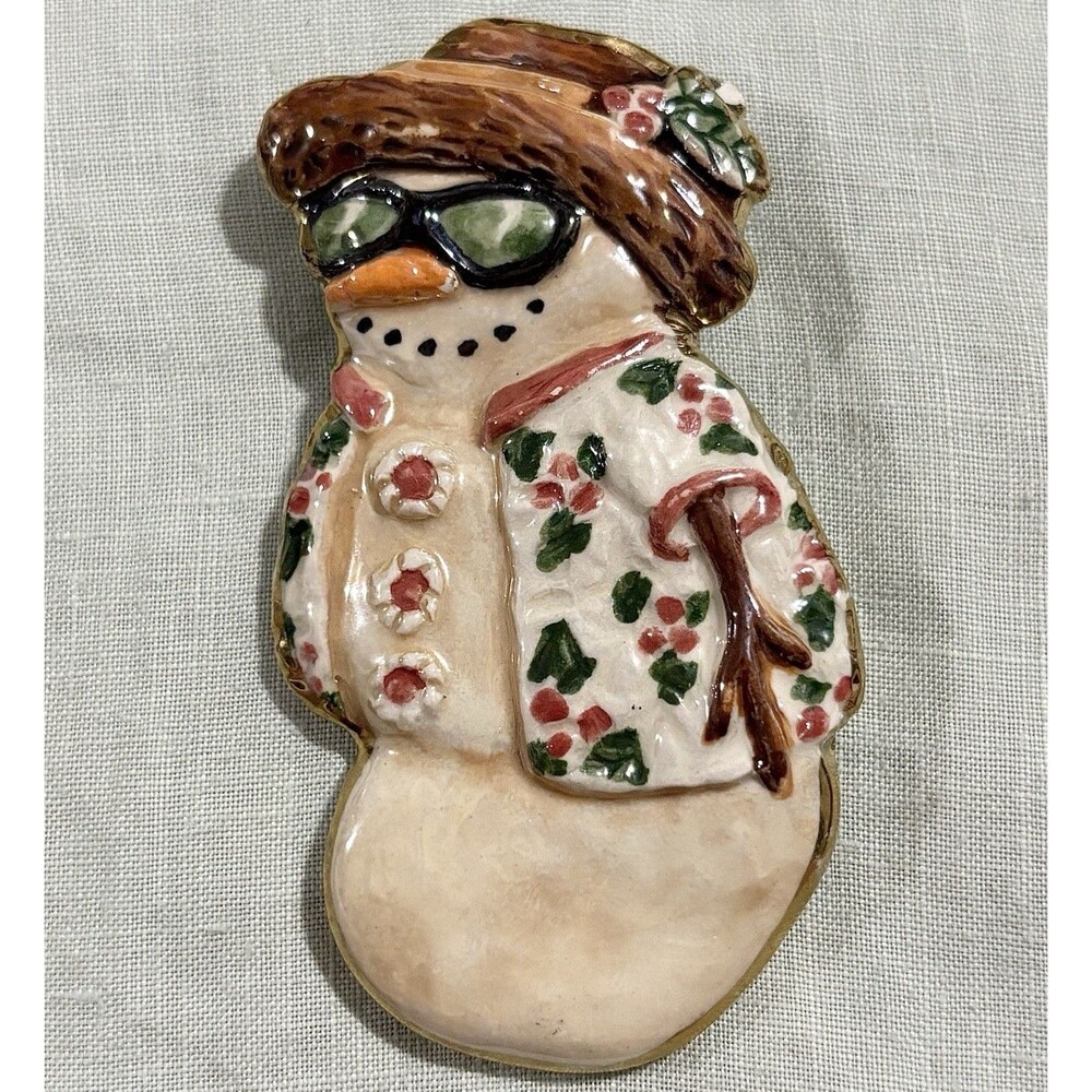 Vintage Snowman Brooch Pin Enamel Winter Holiday Sunglasses Floral Coat